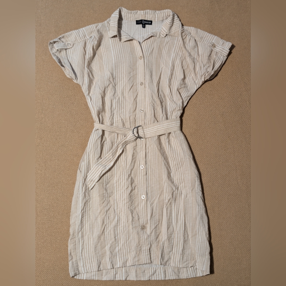Fred David Beige Tan Striped Short Sleeve Belted Shirt Dress